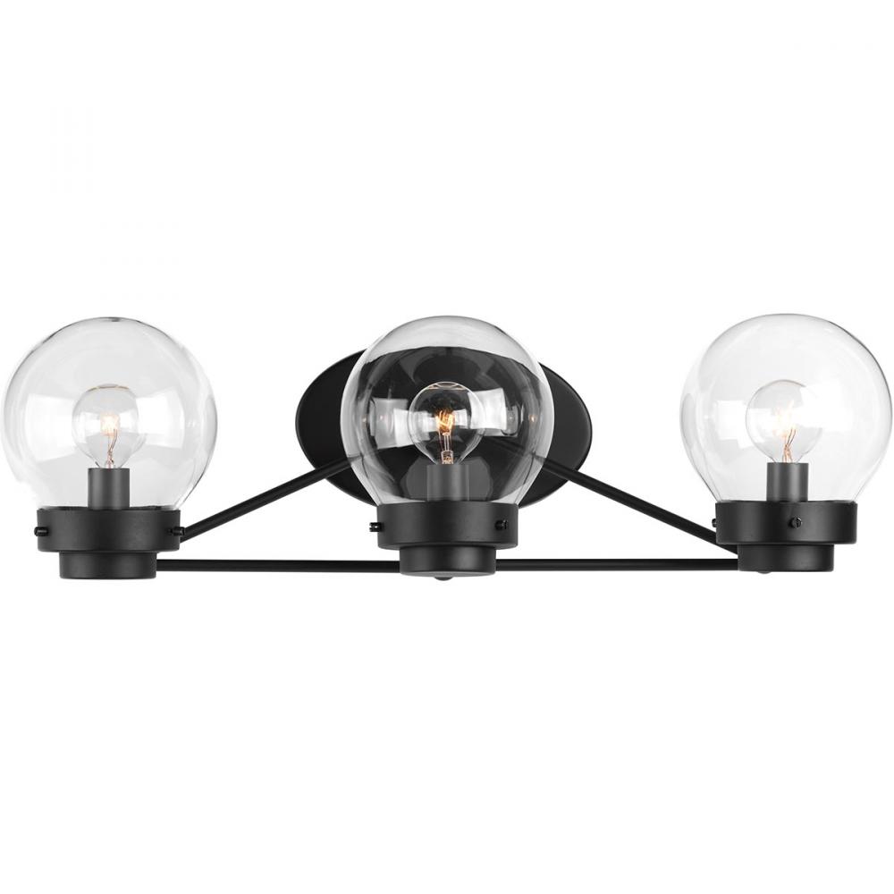 Spatial Collection Three-Light Matte Black Clear Glass Global Bath Vanity Light