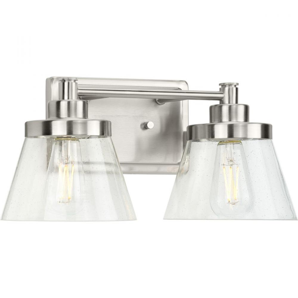 Hinton Collection Two-Light Brushed Nickel Clear Seeded Glass Farmhouse Bath Vanity Light