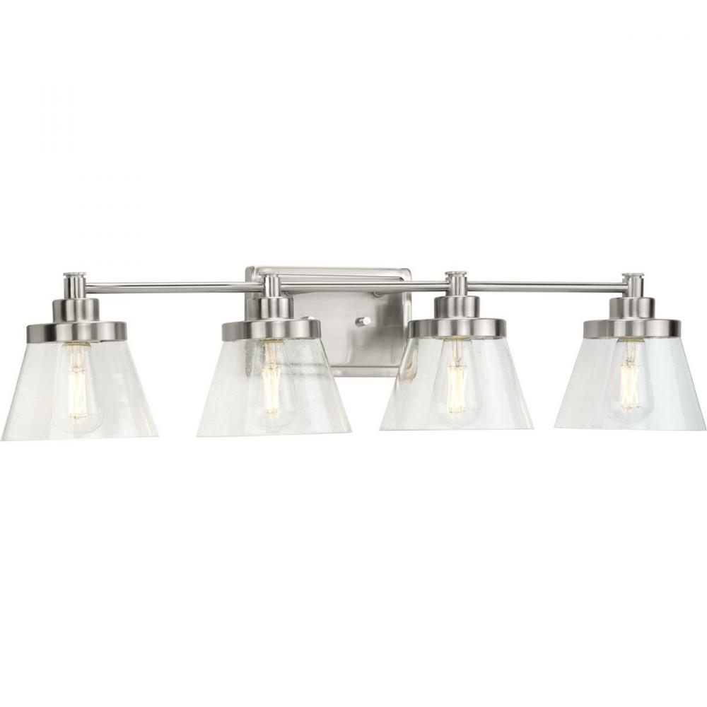 Hinton Collection Four-Light Brushed Nickel Clear Seeded Glass Farmhouse Bath Vanity Light