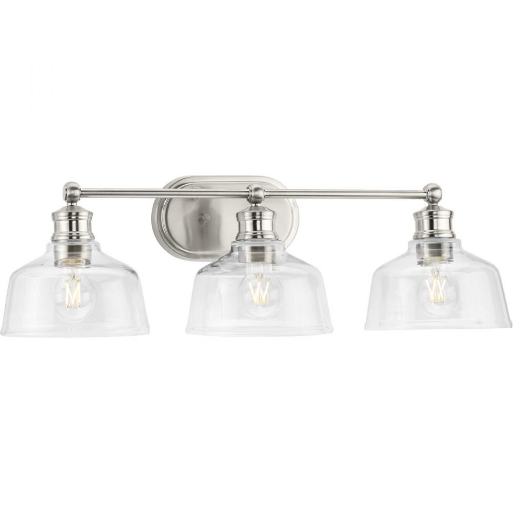 Singleton Collection Three-Light 26.5" Brushed Nickel Farmhouse Vanity Light with Clear Glass Sh
