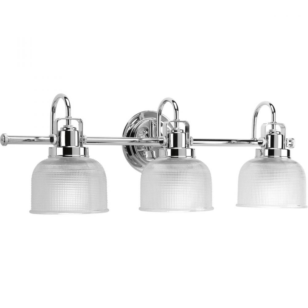 Archie Collection Three-Light Polished Chrome Clear Double Prismatic Glass Coastal Bath Vanity Light