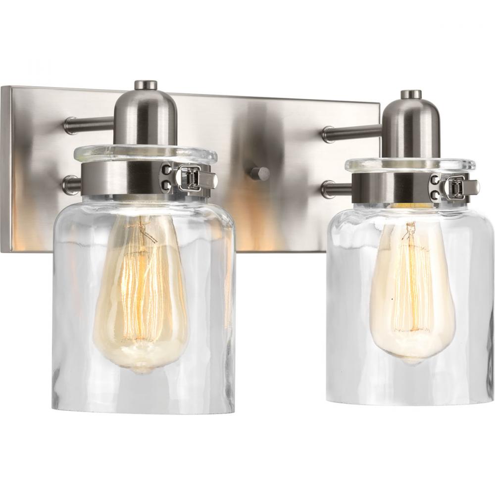 Calhoun Collection Two-Light Brushed Nickel Clear Glass Farmhouse Bath Vanity Light