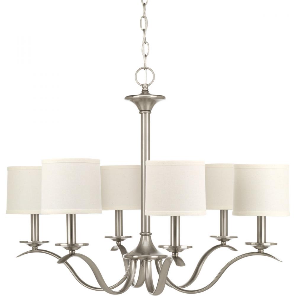 Inspire Collection Six-Light Brushed Nickel White Linen Shade Traditional Chandelier Light