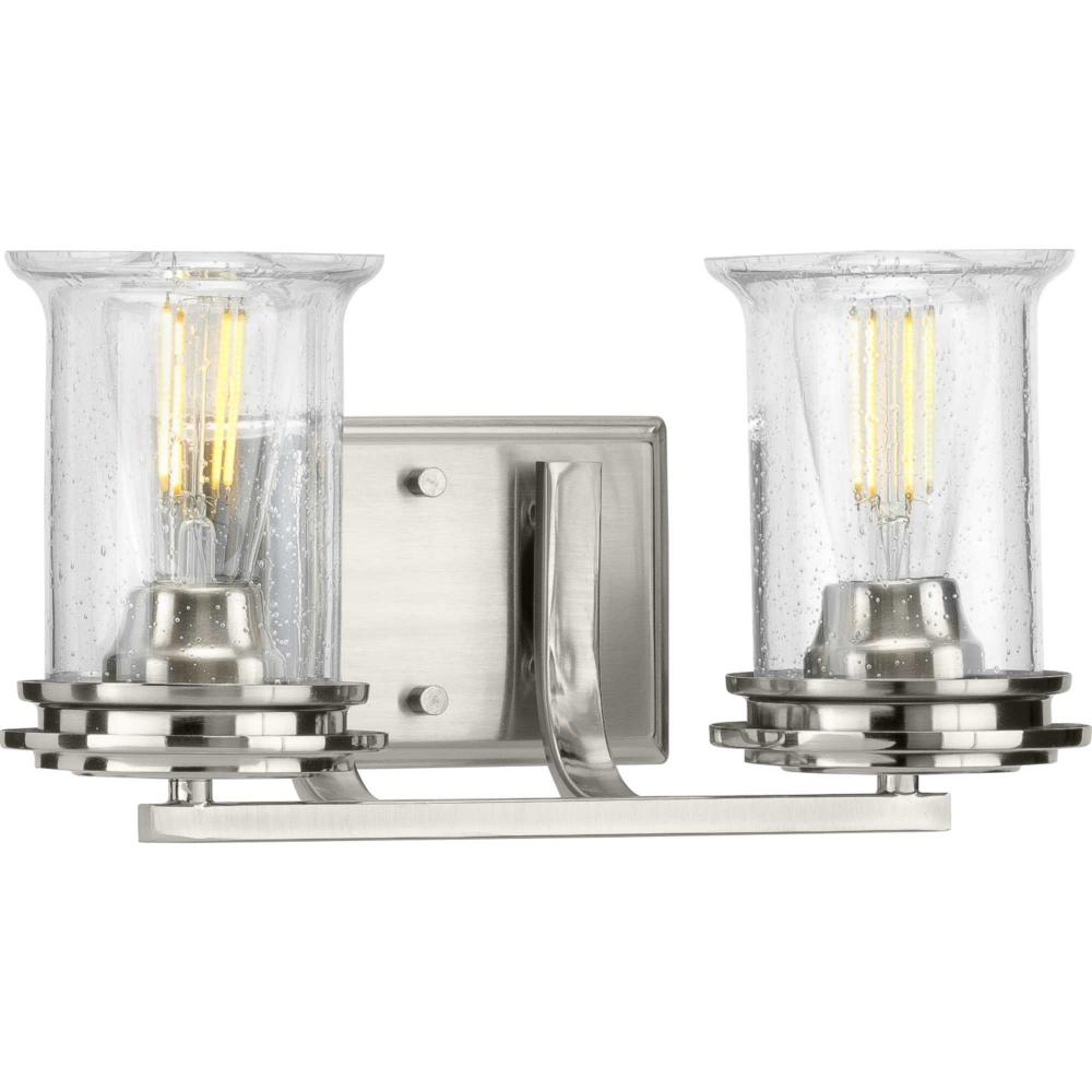 Winslett Collection Two-Light Brushed Nickel Clear Seeded Glass Coastal Bath Vanity Light
