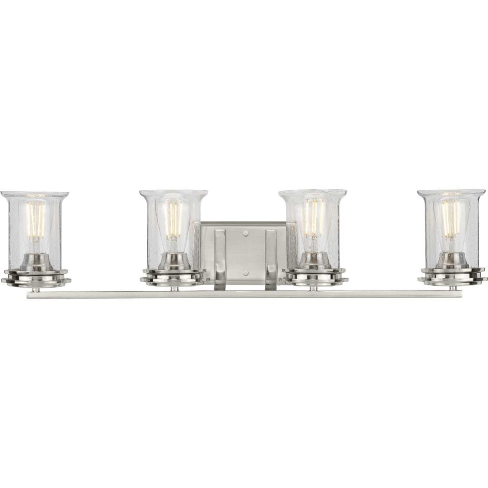 Winslett Collection Four-Light Brushed Nickel Clear Seeded Glass Coastal Bath Vanity Light