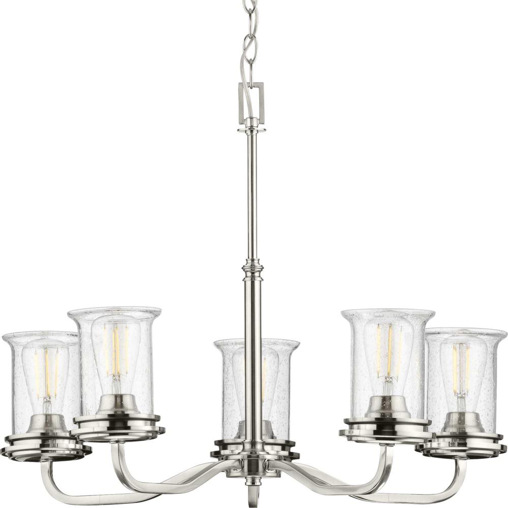 Winslett Collection Five-Light Brushed Nickel Clear Seeded Glass Coastal Chandelier Light