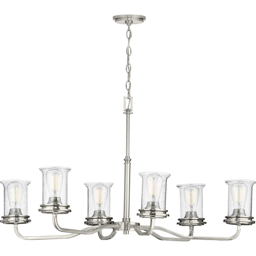 Winslett Collection Six-Light Brushed Nickel Clear Seeded Glass Coastal Chandelier Light