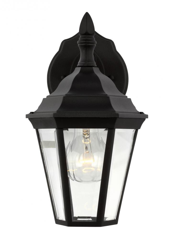 Bakersville traditional 1-light outdoor exterior small wall lantern sconce in black finish with clea