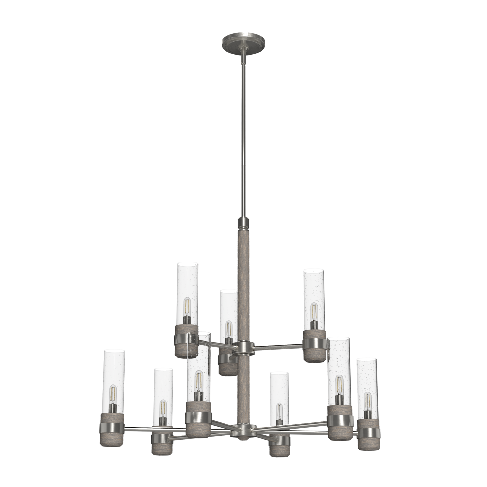 Hunter River Mill Brushed Nickel and Gray Wood with Seeded Glass 9 Light Chandelier Ceiling Light Fi