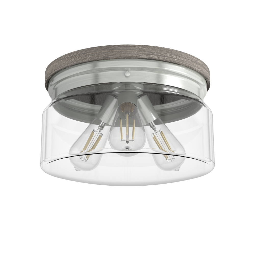 Hunter Devon Park Brushed Nickel and Grey Wood with Clear Glass 3 Light Flush Mount Ceiling Light Fi