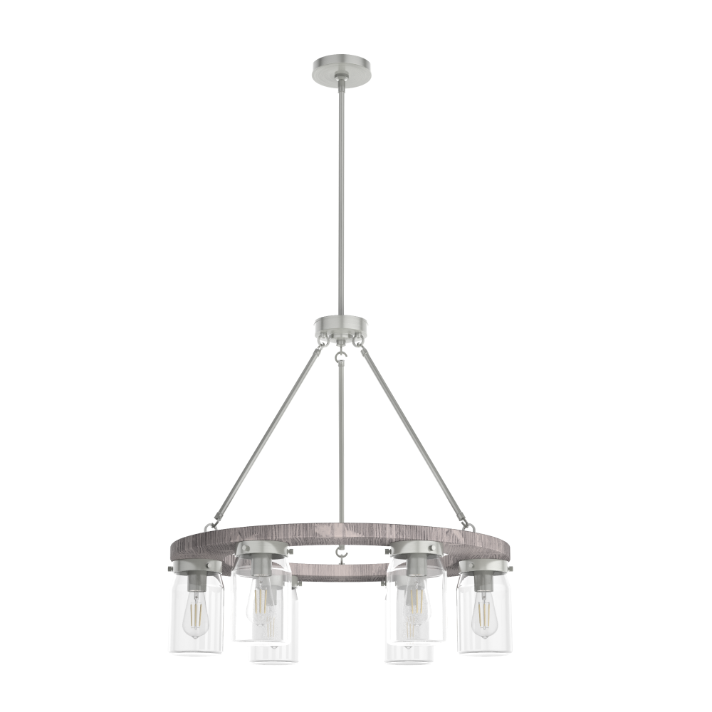 Hunter Devon Park Brushed Nickel and Grey Wood with Clear Glass 6 Light Chandelier Ceiling Light Fix