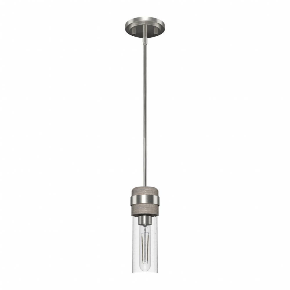 Hunter River Mill Brushed Nickel and Gray Wood with Seeded Glass 1 Light Pendant Ceiling Light Fixtu