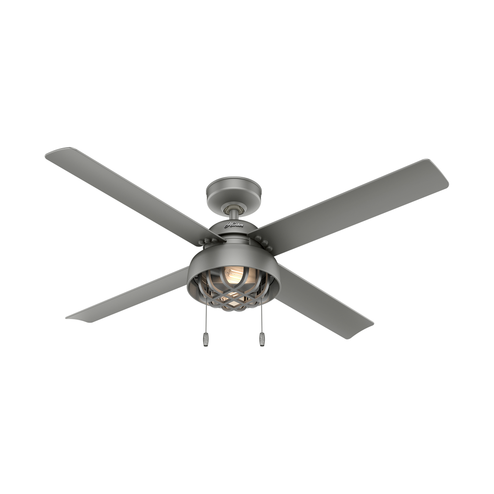 Hunter 52 inch Spring Mill Matte Silver Damp Rated Ceiling Fan with LED Light Kit and Pull Chain
