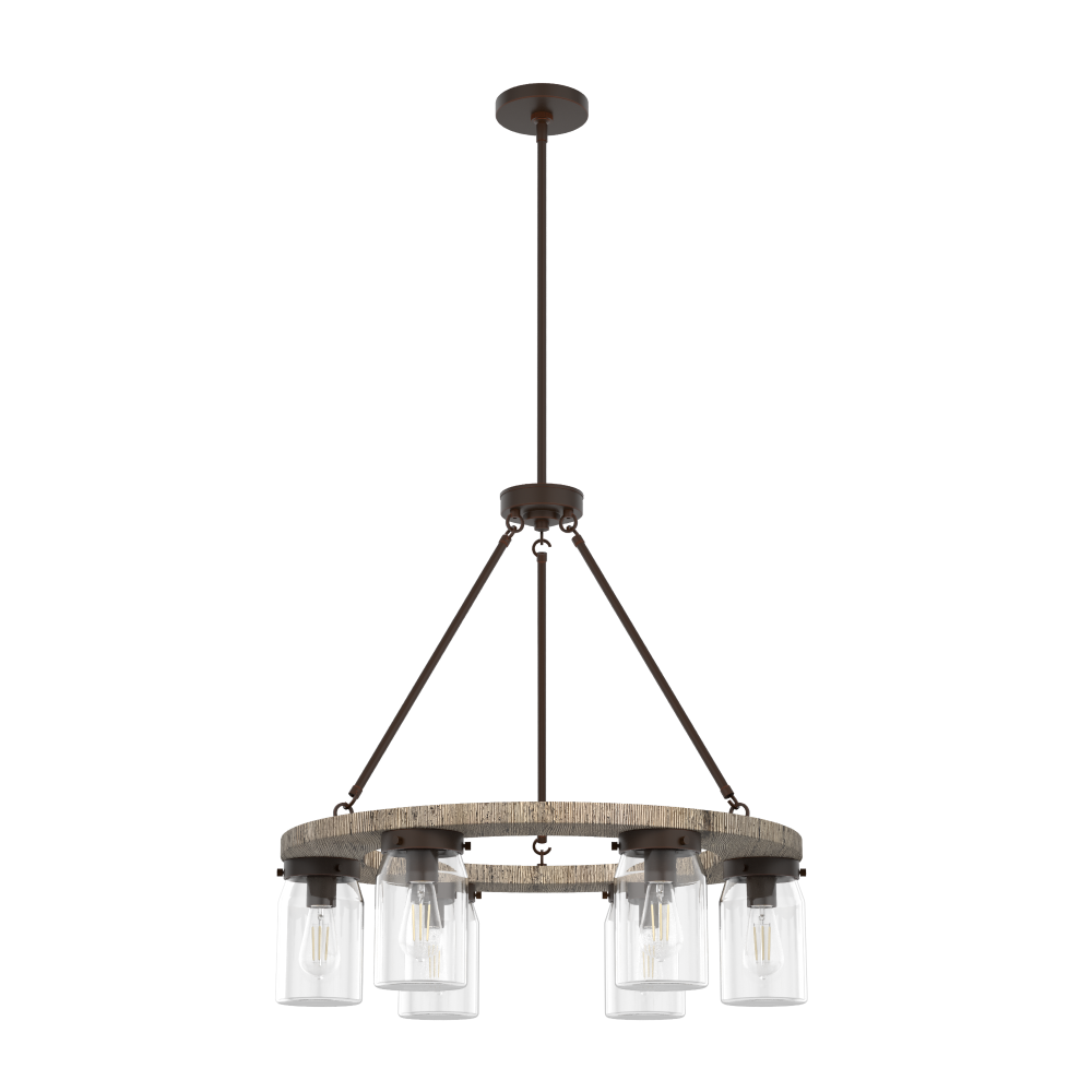 Hunter Devon Park Onyx Bengal and Barnwood with Clear Glass 6 Light Chandelier Ceiling Light Fixture