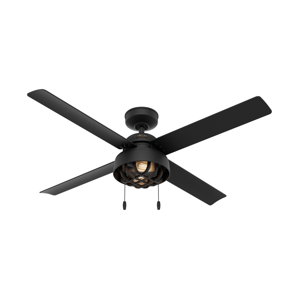 Hunter 52 inch Spring Mill Matte Black Damp Rated Ceiling Fan with LED Light Kit and Pull Chain