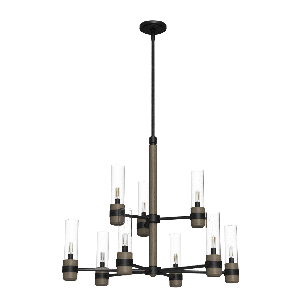 Hunter River Mill Rustic Iron and French Oak with Seeded Glass 9 Light Chandelier Ceiling Light Fixt