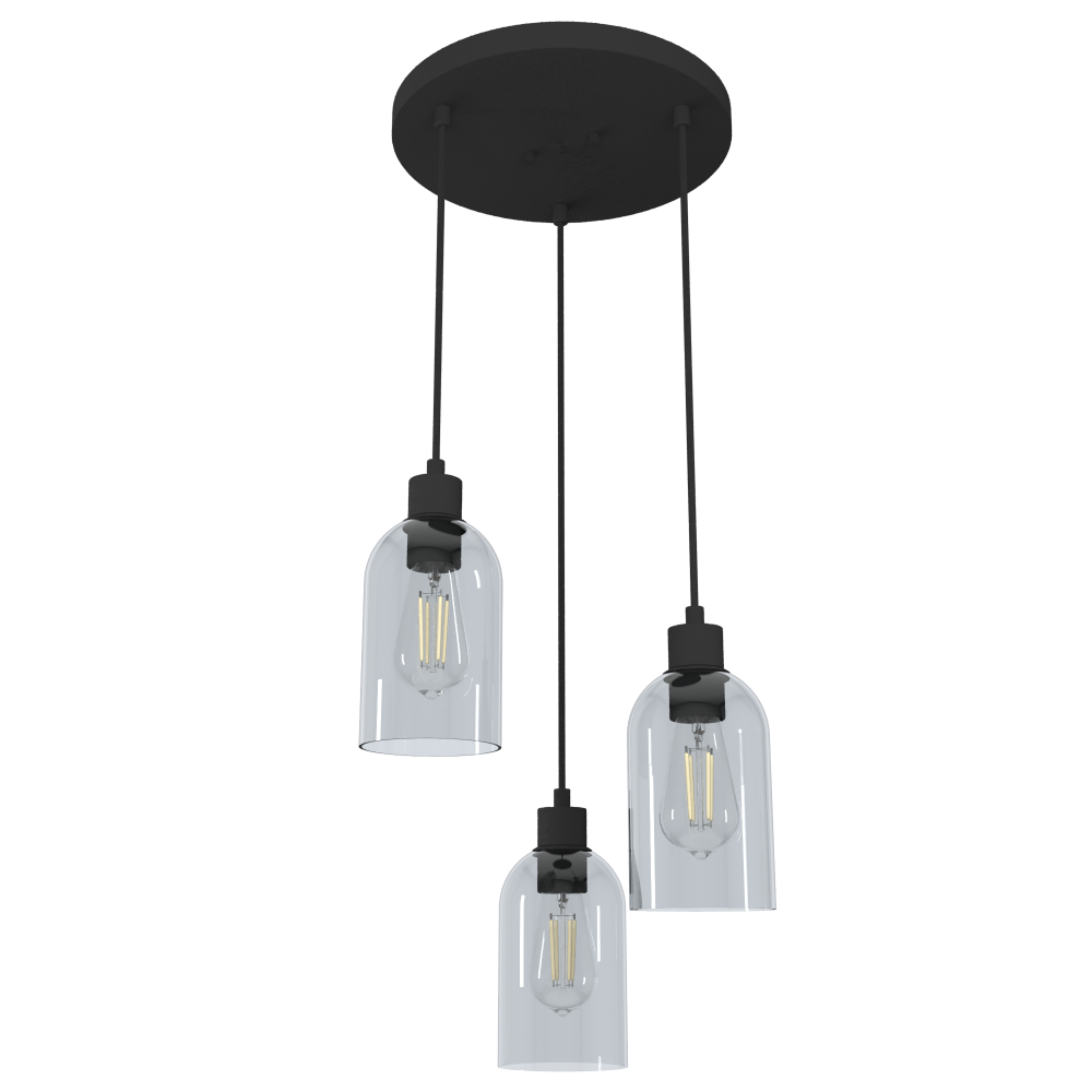 Hunter Lochemeade Natural Black Iron with Smoked Glass 3 Light Pendant Cluster Ceiling Light Fixture