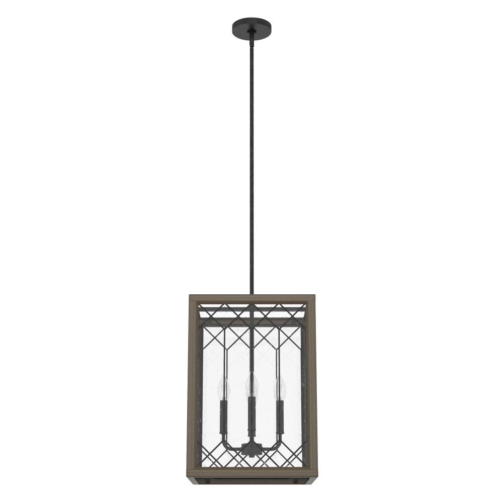 Hunter Chevron Rustic Iron and French Oak with Seeded Glass 4 Light Pendant Ceiling Light Fixture