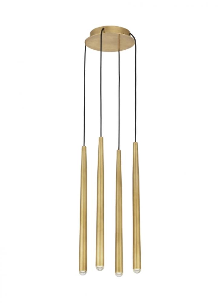 Modern Pylon dimmable LED 4 Light Ceiling Chandelier in a Natural Brass/Gold Colored finish