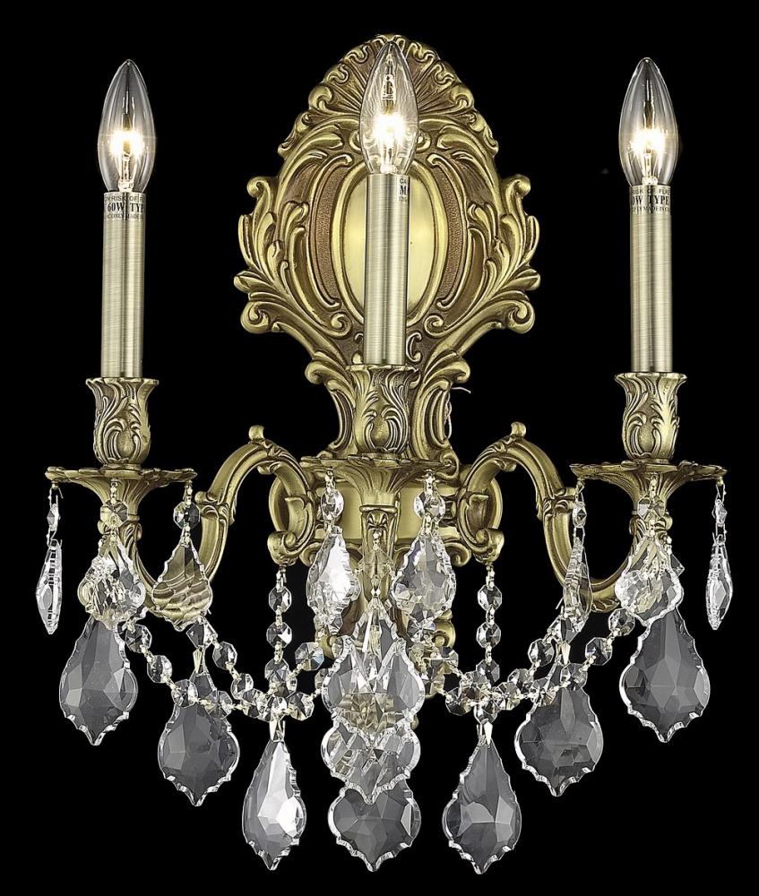 Monarch 3 Light French Gold Wall Sconce Clear Royal Cut Crystal