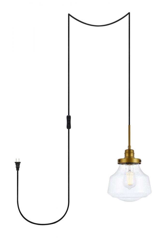 Lyle 1 Light Brass and Clear Seeded Glass Plug in Pendant