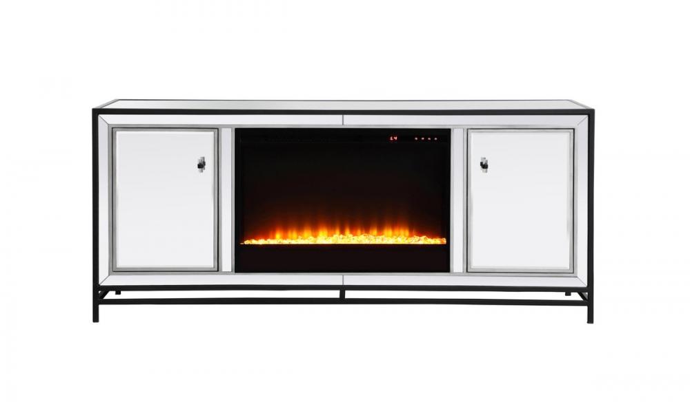 James 60 In. Mirrored Tv Stand with Crystal Fireplace in Black