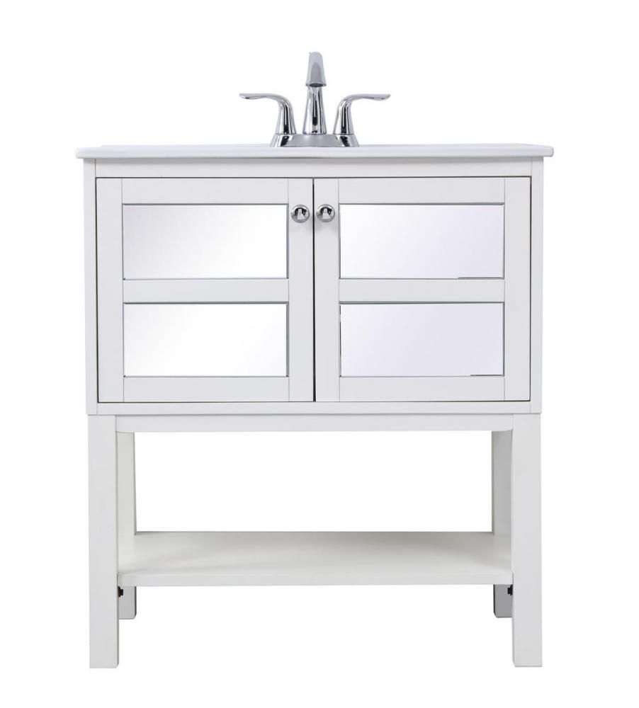 30 In. Single Bathroom Mirrored Vanity Set in White