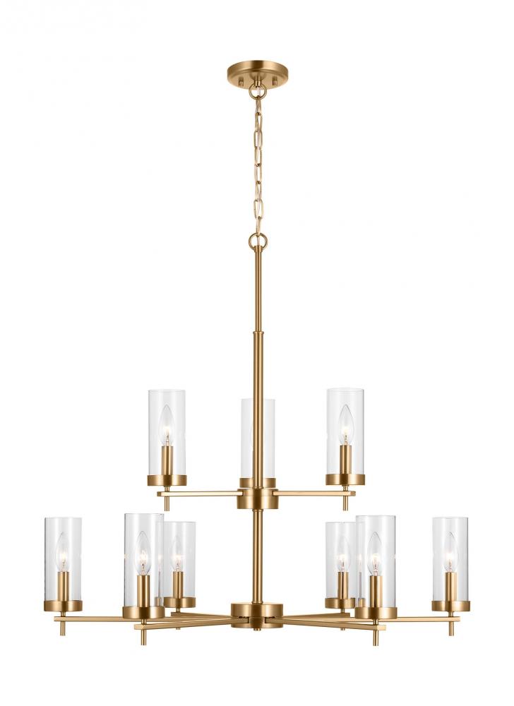 Zire dimmable indoor 9-light LED chandelier in a satin brass finish with clear glass shades