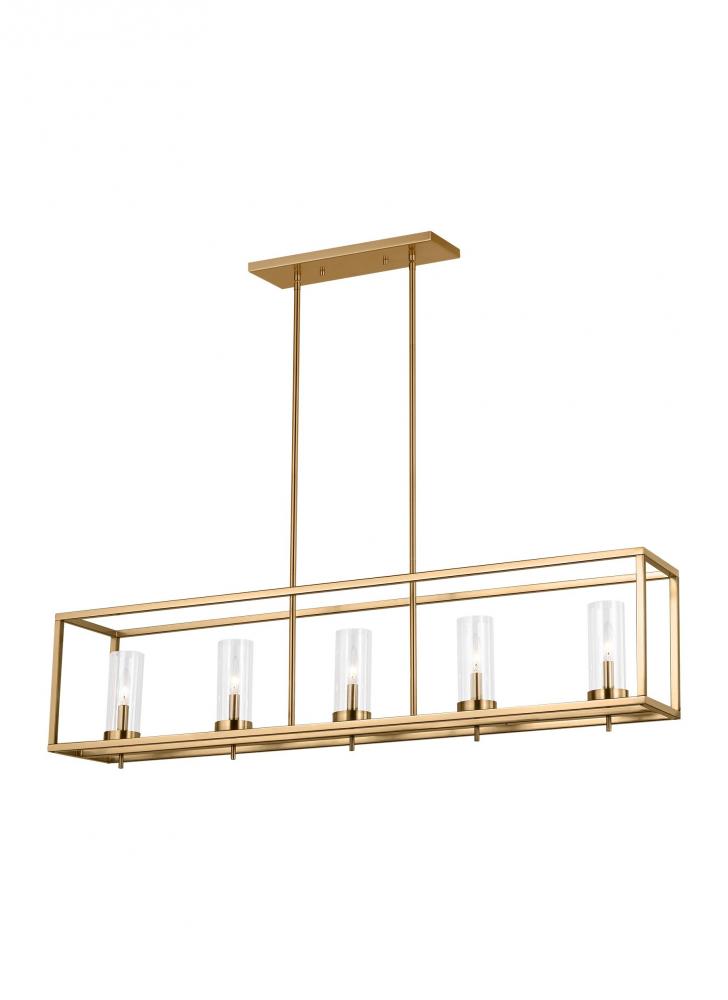 Zire dimmable indoor 5-light island pendant in a satin brass finish with clear glass shade